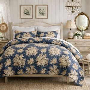 Pottery Barn Juliette Toile Reversible Pick-Stitch Quilt Full/Queen Steel Blue